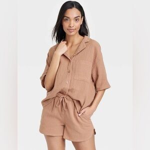 Stars Above Women's Short Sleeve Gauze Top & Cotton Gauze Shorts Set Brown Large